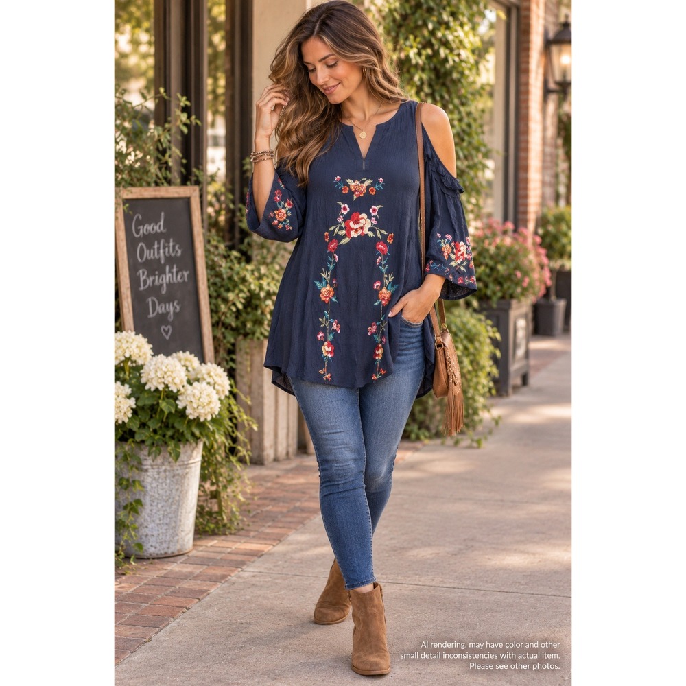 Umgee 1XL Embroidered Cold Shoulder Tunic Navy Blue Floral Boho Romantic Top